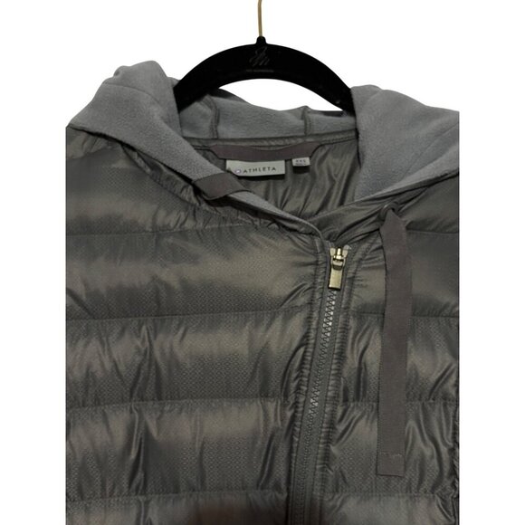 Athleta Womens XXS Gray Hooded Puffer Jacket Knit Sleeves & Asymmetrical Zipper - Picture 2 of 11